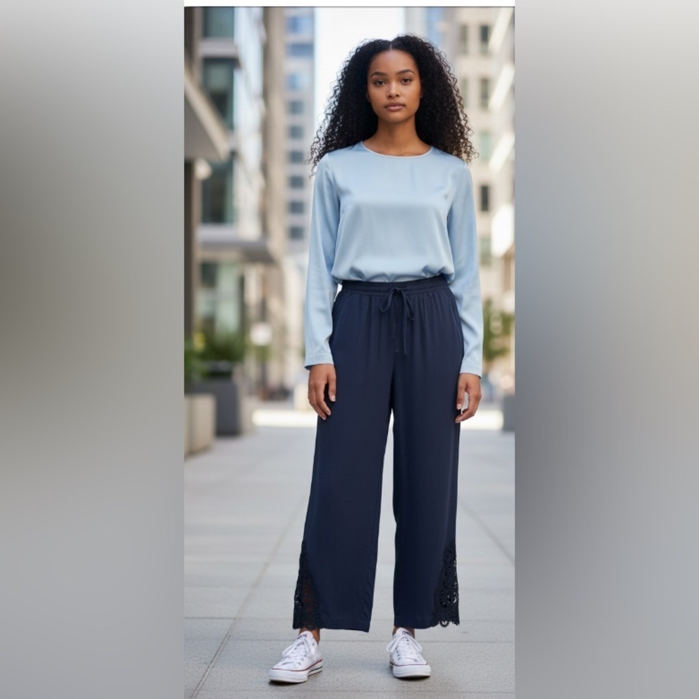 new- Elegant Navy Blue linen 
Ankle accent Lace Trim Pants
Business or casual